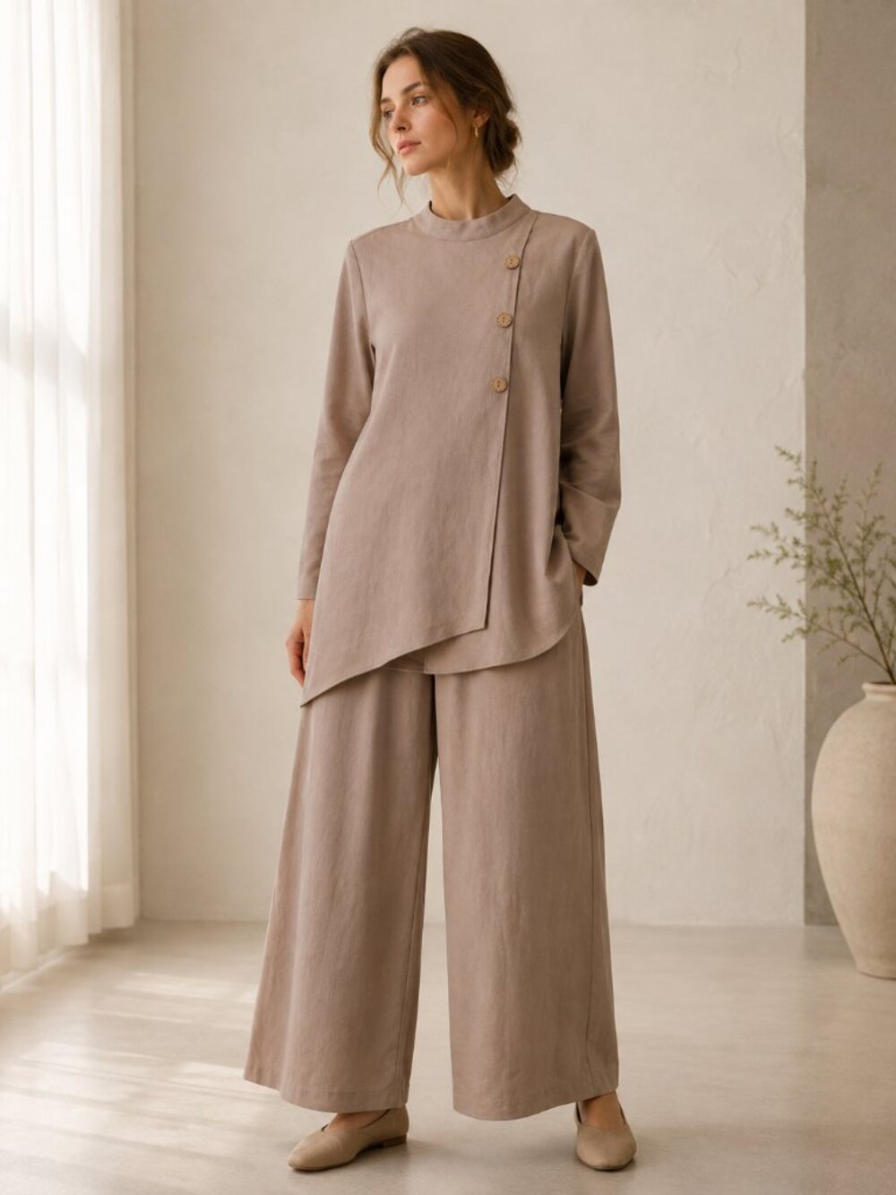 Lagenlook Minimalist Tavin Mink Asymmetrical Tunic Wide Leg Pant 2 Pc Set US 8